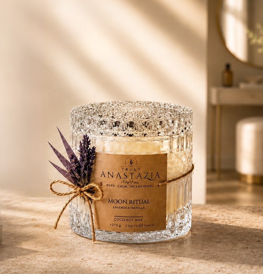 Truly Anastazia Moon Ritual candle in crystal cut-glass vessel with lavender sprig, set in a warm sunlit interior